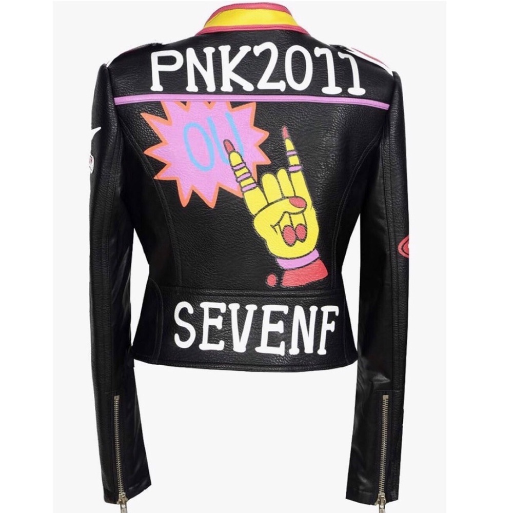 SX Honey Pot Black Faux Vegan Leather Jacket Slipknot Graffiti Punk Moto NWT XS - Picture 3 of 10